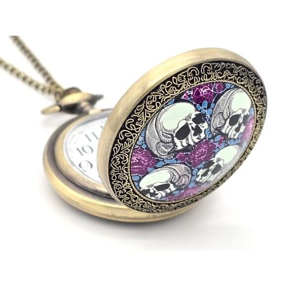 Skull & Roses Pocket Watch - Gothic Purple Floral Skeleton Charm Halloween Gift - Picture 2 of 10
